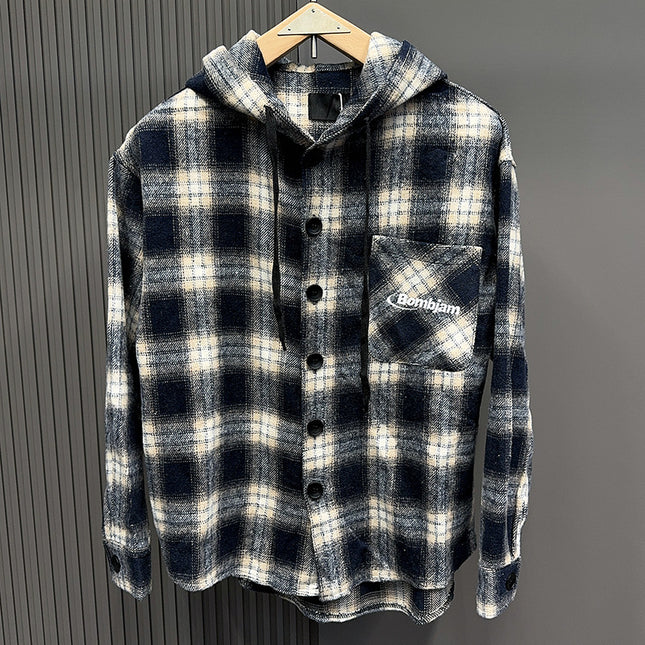 American Trendy Brand Hooded Plaid Shirt Men's Spring Retro Contrasting Color Couple Long-Sleeved Shirt Loose Large Size Cardigan Jacket