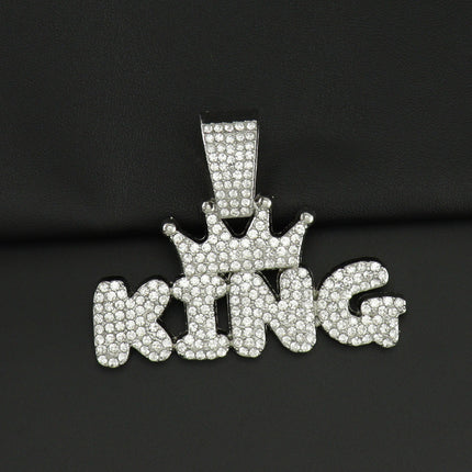 European and American INS TikTok Hip-Hop Alloy Necklace with Diamond Exaggerated Big Button Pendant Crown KING Letter Fashion Accessories