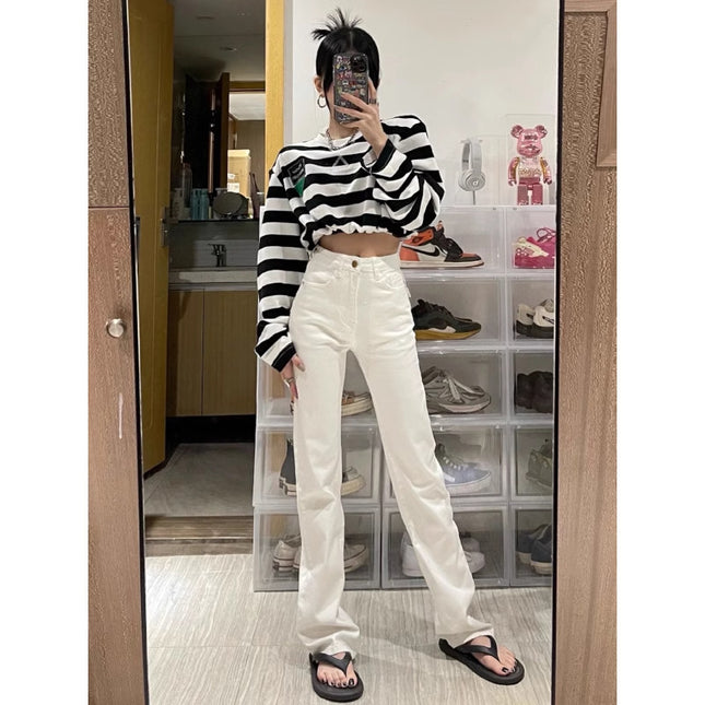 White High-Waisted Straight-Leg Jeans for Tall Women, 170cm, Autumn New Slim-Fit Hot Girl Floor-Length Cigarette Pants