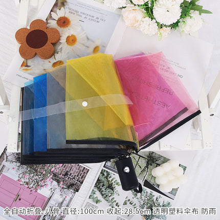 Fully Automatic Folding Plastic Transparent Cherry Blossom Umbrella for Women, Long Handle Apollo Style, Fresh and Simple, for Children, Students, Performances, Wholesale