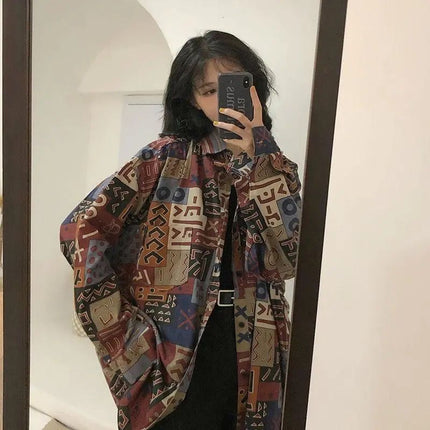 Personalized Printing ~ Retro Elegant Niche Hong Kong Style Long-Sleeved Shirt for Women Spring & Fall New Loose Casual Lapel Shirt