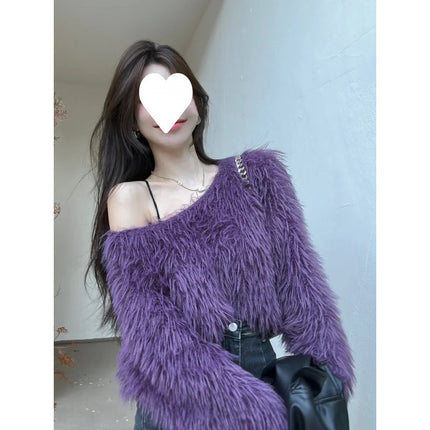 Korean Style New Slim Fit Versatile High-Waisted Sweater for Women, Short Fashion Light Luxury Socialite Long-Sleeve Off-Shoulder Fur Top