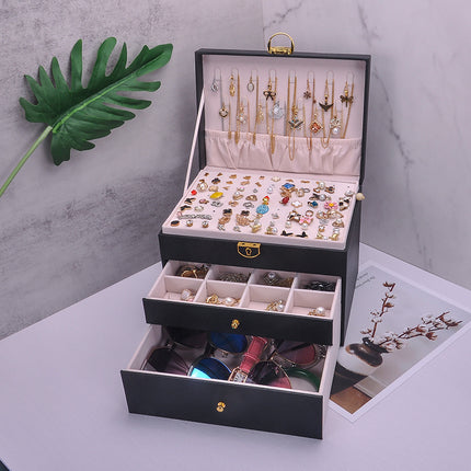 Internet Celebrity Three-layer Lock Leather Earrings Earrings Necklace Bracelet Ring Jewelry Large Capacity Wedding Jewelry Storage Box