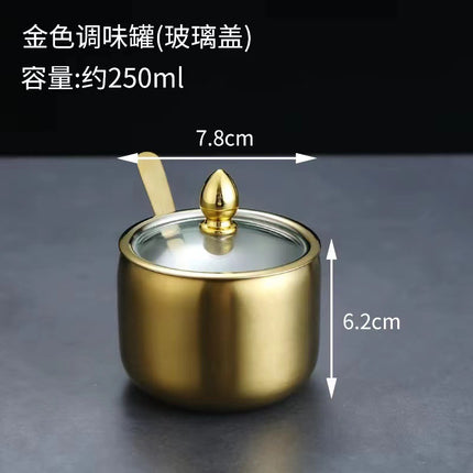 Cross-border Korean-style 304 stainless steel seasoning jar kitchen chili sauce oil salt jar with spoon seasoning box creative golden jar
