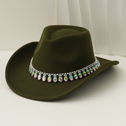 Cross-Border European and American Style Popular Tassel Horse Eye Code Chain Green Agate Diamond Claw Hat Chain Top Hat Cowboy Hat Felt Hat Gemstone