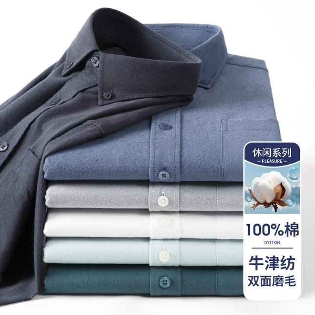 Spring and Autumn Pure Cotton Brushed Pure Color Shirt Men's Long-Sleeved Pure Cotton Anti-Wrinkle Slim Tb Casual Business Men's Shirt Men
