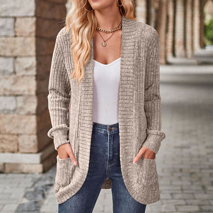 2026 Spring and Autumn Amazon Solid Color Ribbed Brushed Casual Patchwork Long Sleeve Cardigan Jacket for Elegant Commuting
