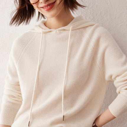 Early Autumn New Hooded Women's Simple Solid Color Yuanbao Needle Hoodie Loose Slimming 100 Pure Cashmere Knitted Sweater