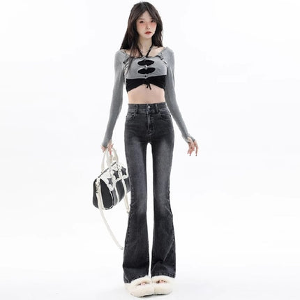 American-style Retro Smoke Gray Micro-lar Jeans Women's Trendy All-match New High Waist Slim-fit Horseshoe Flared Pants
