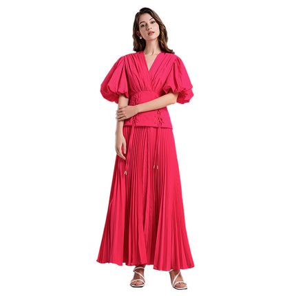 Real shot in stock new deep V-neck lace-up bubble sleeve pleated slim dress
