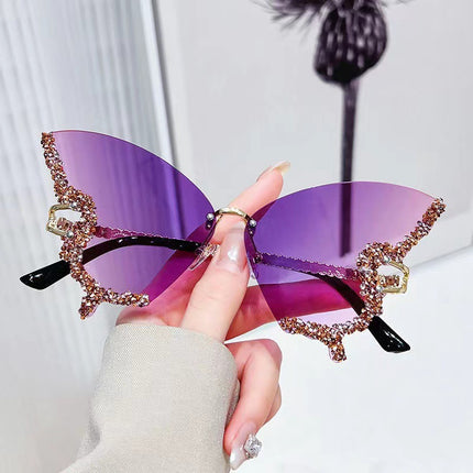 Cross-border New Butterfly Shape Diamond Rimless Sunglasses Women's Fashion Personality Exaggerated Sunglasses European and American Internet Red Broken Diamond