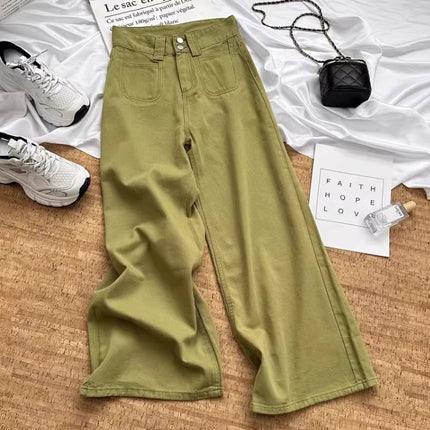 Green Wide-Leg Jeans for Women, Autumn 2025 New High-Waisted Fashion Trendy Loose Slimming Straight Pants