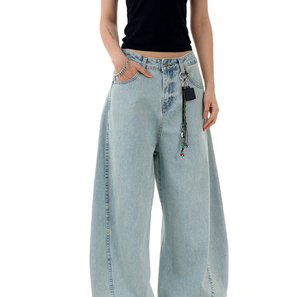 11Kn American Retro Ice Blue Scimitar Jeans for Men and Women, Distressed Washed Slimming Look Simple Wide-Leg Stacked Pants