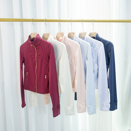 Spring and Summer Yoga Wear Stand Collar Jacket Short Silver Zipper Cardigan Jacket Slim Fit Elastic Slimming Yoga Wear Running