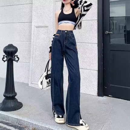 Blue Gray Split Wide Leg Jeans Women's Autumn 2024 New High Waist Design Sense Straight Loose Mop Pants