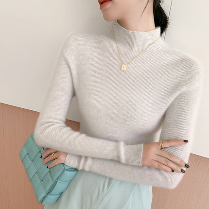 High-End Seamless Slim-Fit Cashmere Sweater for Women, Half Turtleneck, New Autumn/Winter 2024 Base Layer