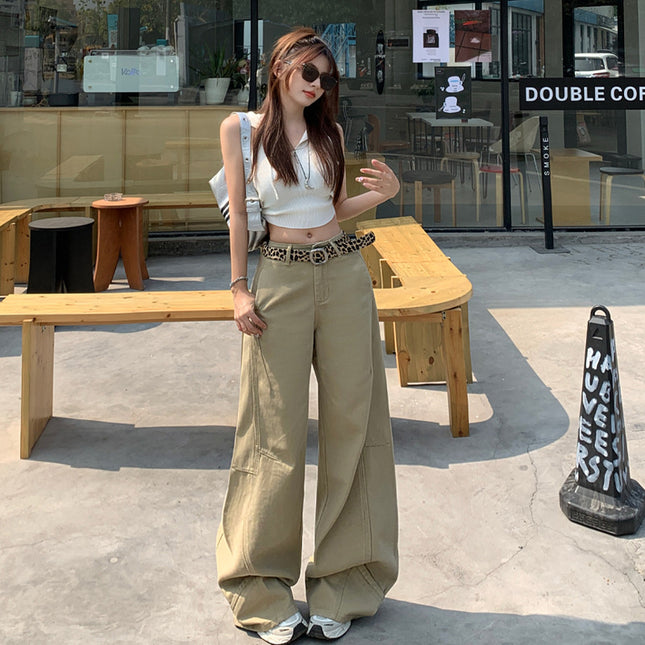 American Style Retro Jeans Women's Design Stitching khaki Loose Lazy Wide Leg Straight Pants