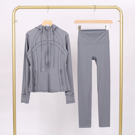 Lulu Df Stamped Hooded Jacket and Cropped Pants Set, Tight-Fitting Stretch Jacket with Gold Zipper, Fitness Yoga Outfit