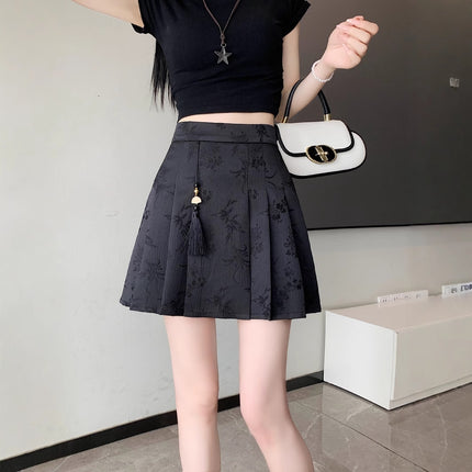 New Chinese A- line Skirt Skirt Women's Early Autumn Black Skirt New Hip Skirt High Waist Slimming Pleated Skirt Free Shipping