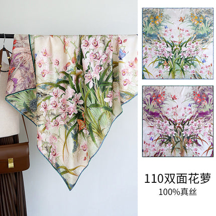 Chinese Style Double-sided Two-color Silk Flower Jacquard 110 Large Square Scarf Expensive Silk Scarf Shawl Gift Giving High-end Scarf