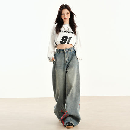 New American Style Retro Red Stitching Striped Jeans Women's Early Autumn New Loose Straight Wide Leg Pants