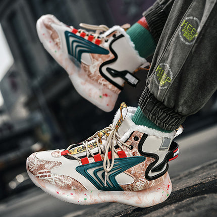 sneakers cross-border plus size graffiti luminous student sneaker northeast trend fleece-lined thick high-top large cotton shoes