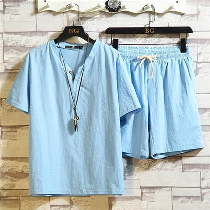 Cotton and Linen Short-Sleeved Shorts Suit for Men, Chinese Style Loose Large Size Collared Shirt, Summer Trendy Casual Sports Two-Piece Set Tang