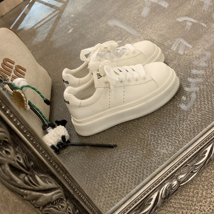 Cowhide Version~Haonianhua Women's Shoes, Classic Round-Toe Thick-Soled Height-Increasing Lace-Up White Sneakers, Versatile College-Style Sneakers for Women