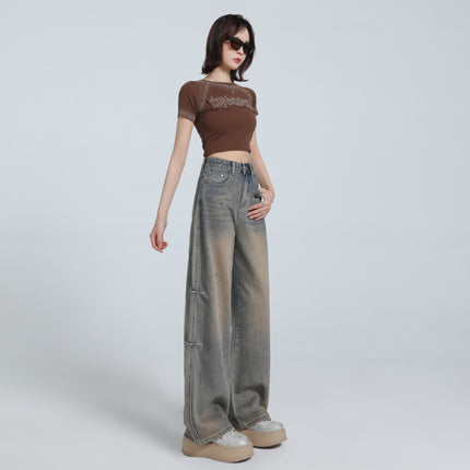 American Style Retro Old High Waist Straight Jeans Women's 2025 Spring New Loose Slim-Fit Pants