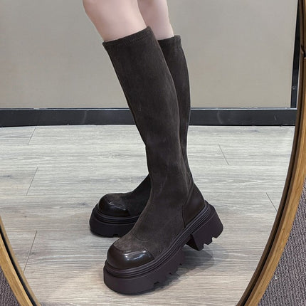 But knee long boots women's 2024 autumn and winter new vintage thick bottom high tube thin boots suede thick heel elastic boots