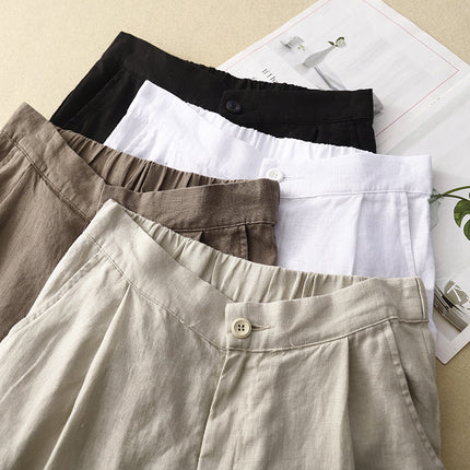 Real shot 202 summer new cropped plus size casual solid color linen leggings women's high waist slim Harlan pants