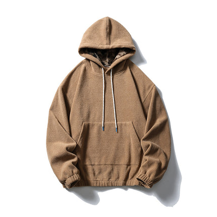 Black Fleet American Casual Style Unisex Versatile Hooded Warm Top Couple Style Hiking Fleece Solid Color Sweatshirt