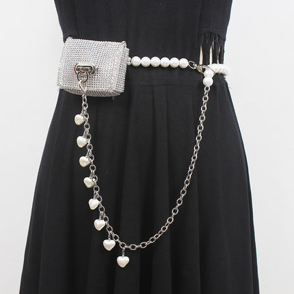 New European and American shiny rhinestone Pearl Mini small waist bag versatile fashion messenger bag change key belt for women