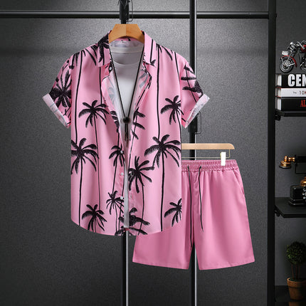 Men's Short-sleeved Shirt Lake Blue Black Powder Striped Printing Foreign Trade Men's Summer Casual 2025 New Cross-border Special
