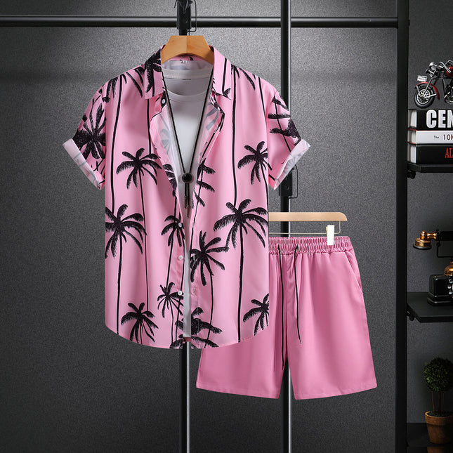 Men's Short-sleeved Shirt Lake Blue Black Powder Striped Printing Foreign Trade Men's Summer Casual 2025 New Cross-border Special