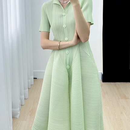 Foreign trade high-end Sanzhai casual elegant gentle simple solid color pleated flower buds dress women's summer New