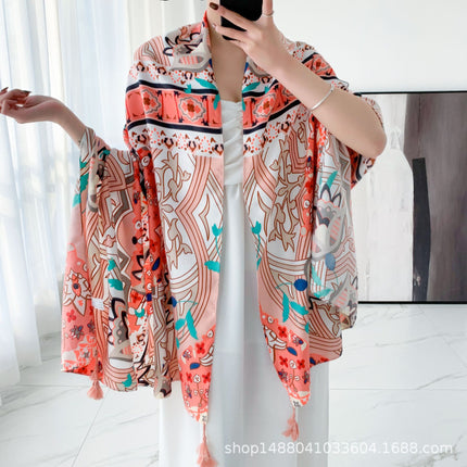 Ethnic Style Printed Silk Scarf Women's Seaside Travel Sun Protection Gauze Air Conditioning Warm Scarf Versatile Long Shawl
