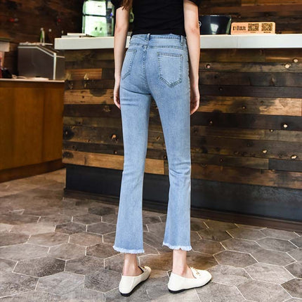 American Style light blue High Waist Micro-Lar Jeans Women's Summer 2025 New Style Small Nine-point Slim Fit Horn Pants