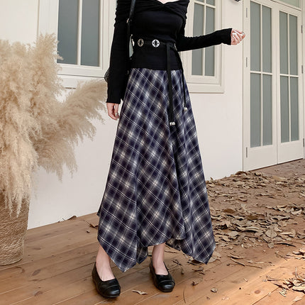 Retro Asymmetrical Plaid Brushed Skirt for Women Autumn and Winter 2025 New Design High-Waisted A-Line Long Skirt