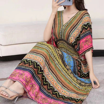Cross-border ethnic style V-neck cotton silk short-sleeved beach skirt Thailand travel dress summer printed holiday floral skirt