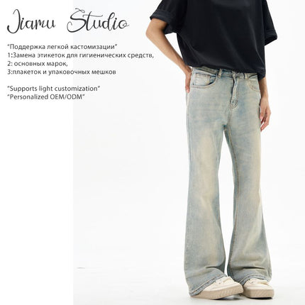 Jiamu American High Street Whiskered Baggy Jeans Unisex Versatile Wide-Leg Jeans for Men and Women Loose and Slightly Flared