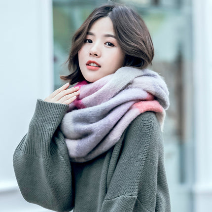 Autumn and winter European and American color matching AC cashmere thick tassel scarf rainbow plaid mohair warm female student plus
