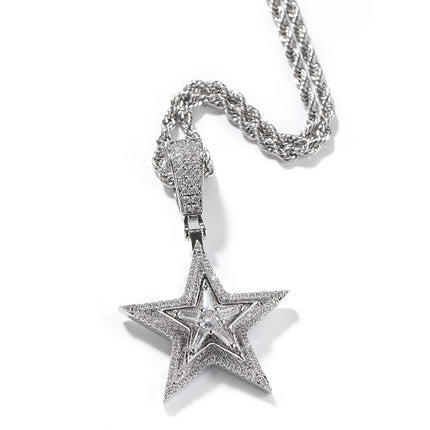 New European and American Style Hip-Hop Diamond-Encrusted Rotating Five-Pointed Star Pendant Necklace Amazon Hot-Selling Trendy Street Accessories