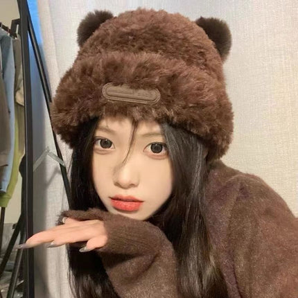 Bear plush knitted hat women's autumn and winter warm anti-fur pullover wool hat face-looking small sweet cute basin hat