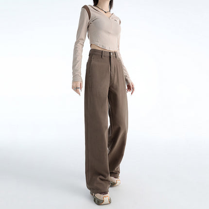 Attention Moment Brown brown Retro Jeans Women's Autumn and Winter High Waist Loose All-match Slimming Straight Pants