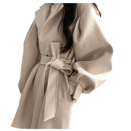 New Korean Style Autumn and Winter Wear Strap Elegant Small Women's Dress Collar Hepburn Style Mid-length Woolen Women's Coat Jacket