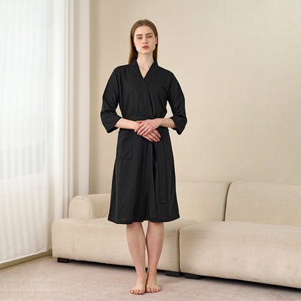 Summer Thin Water Absorbent Waffe Bathrobe Women's Summer Mid-length Simple Sexy Nightgown Men's Breathable Bath Towel Pajamas