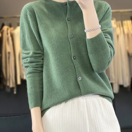 Factory wholesale autumn and winter new 100% wool round neck knitted cardigan women slim fit knitted coat sweater Joker