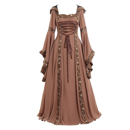 Foreign Trade European and American Women's Medieval Clothing Women's Retro Hooded Dress Square Collar Bell Sleeve Stage Performance Clothing