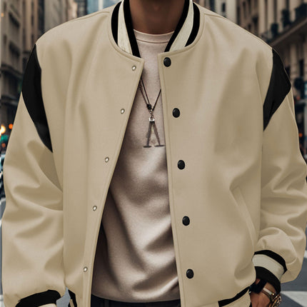 2025 Cross-Border Temu Popular European and American Men's Jacket Fashion Solid Color Brushed Fabric Cardigan Patchwork Button Baseball Jacket